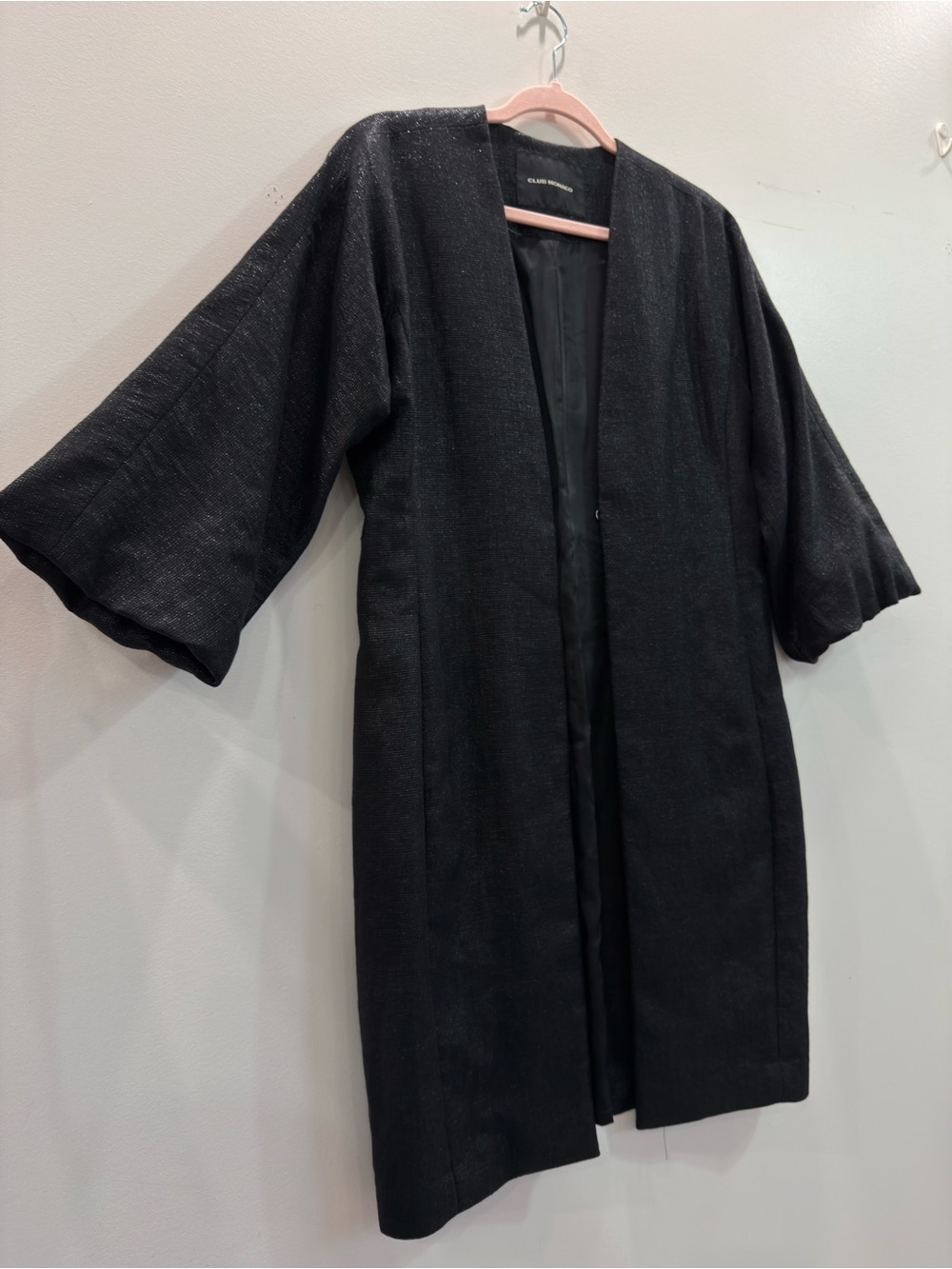 Club Monaco Textured Black Kimono Style Open Front Duster Coat Jacket